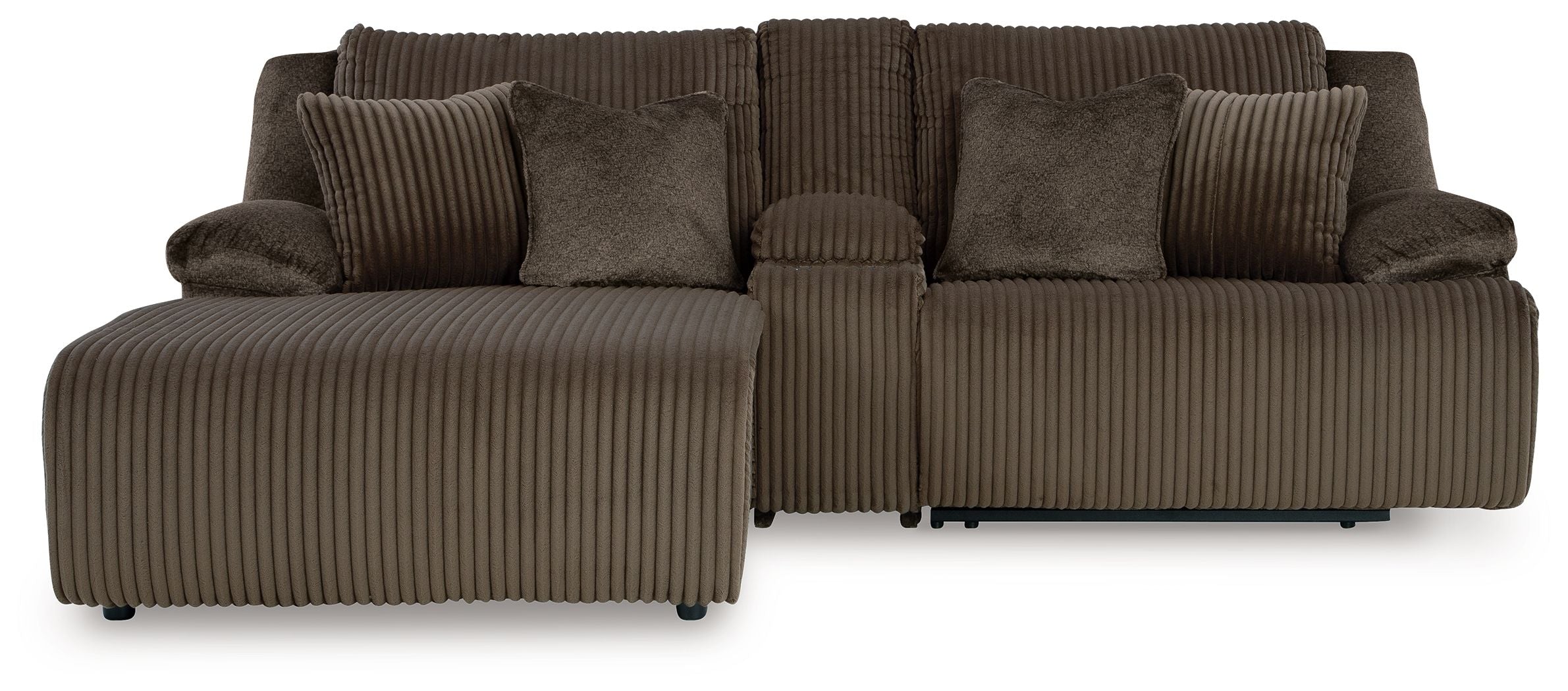Chocolate brown reclining sectional with tufted back cushions, ribbed fabric, and wide arms