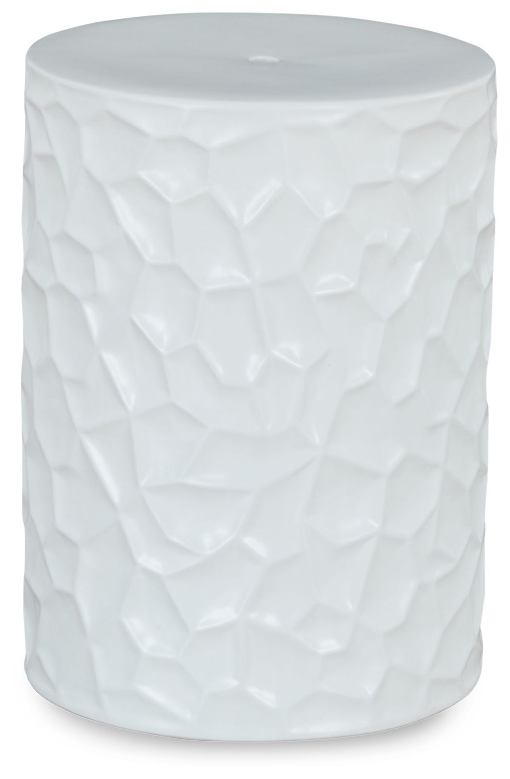 White textured stool with faceted pattern and rounded top