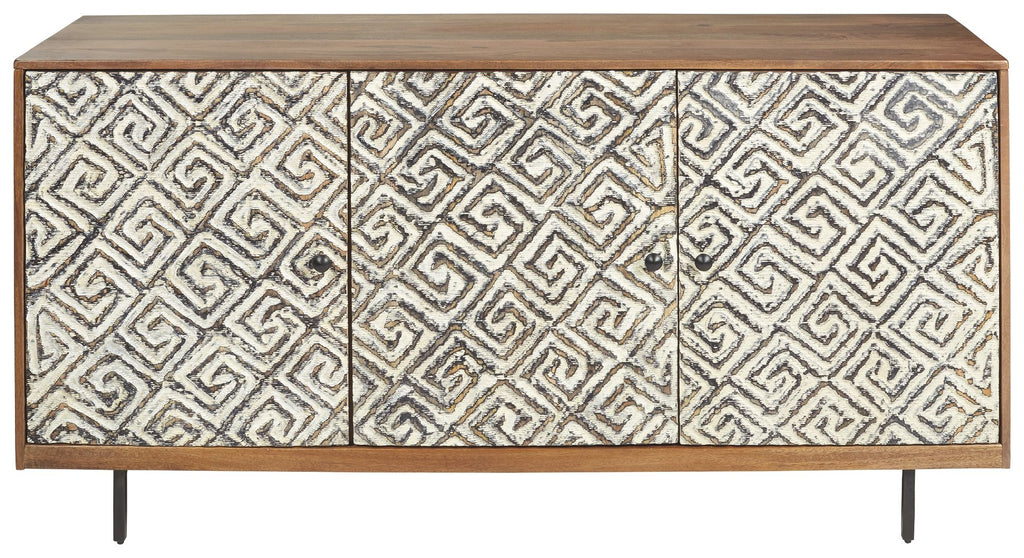 Brown accent cabinet with three patterned doors, black geometric trim and round knobs
