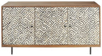 Brown accent cabinet with three patterned doors, black geometric trim and round knobs