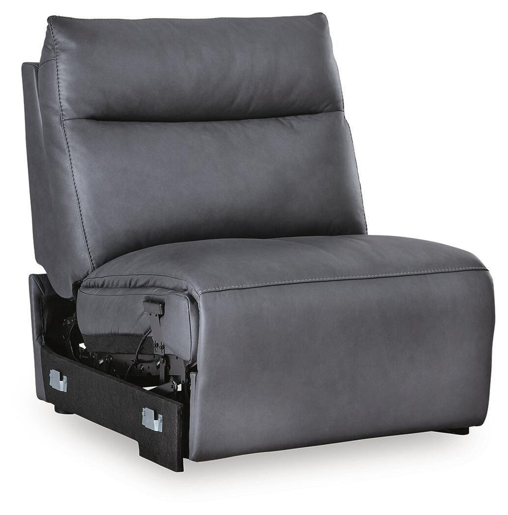 Power armless recliner with adjustable headrest, dark blue fabric, side view with power base detail.