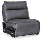 Power armless recliner with adjustable headrest, dark blue fabric, side view with power base detail.