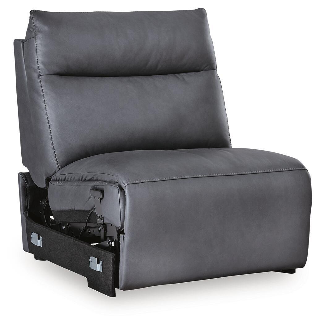 Power armless recliner with adjustable headrest, dark blue fabric, side view with power base detail.
