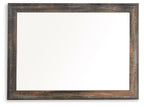 Bedroom mirror with wide dark brown frame and beige weathered finish