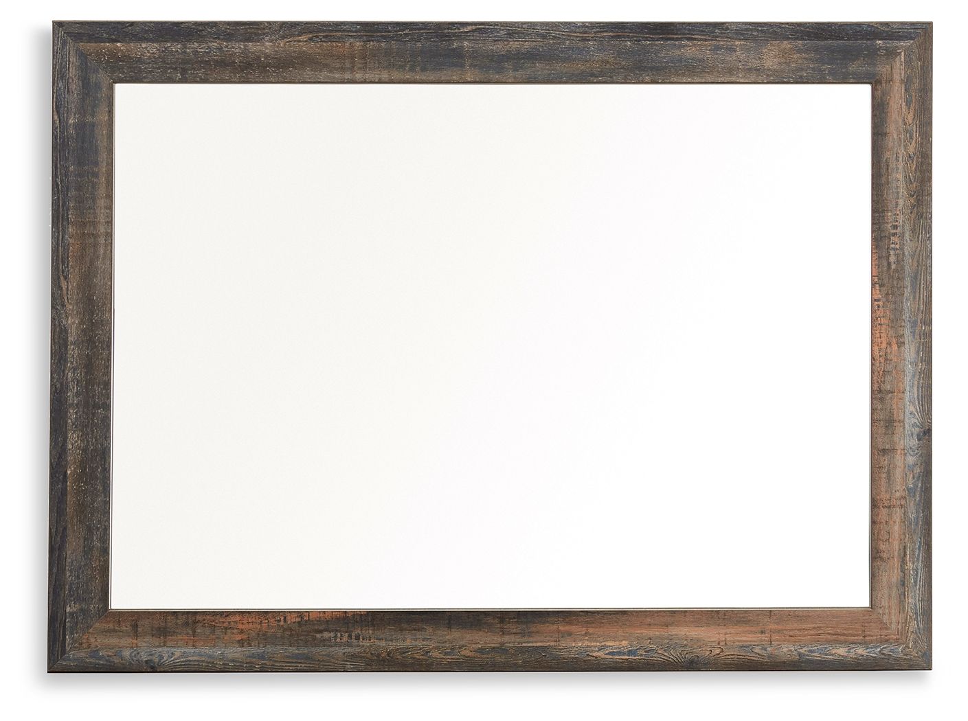 Bedroom mirror with wide dark brown frame and beige weathered finish