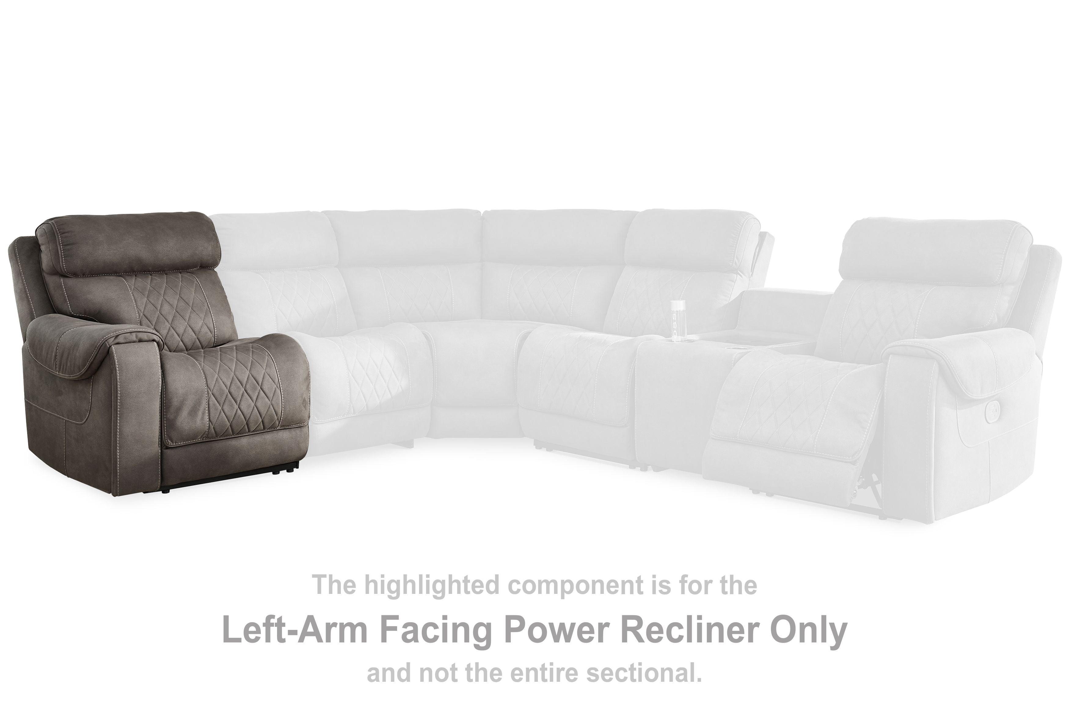 Gunmetal left-arm facing power recliner section with padded arms and console