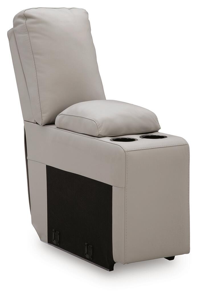 Gray console with storage armchair, padded seat and side cup holders
