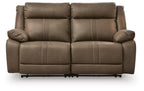 Taupe-brown power reclining loveseat with split back cushions and rolled arm pads