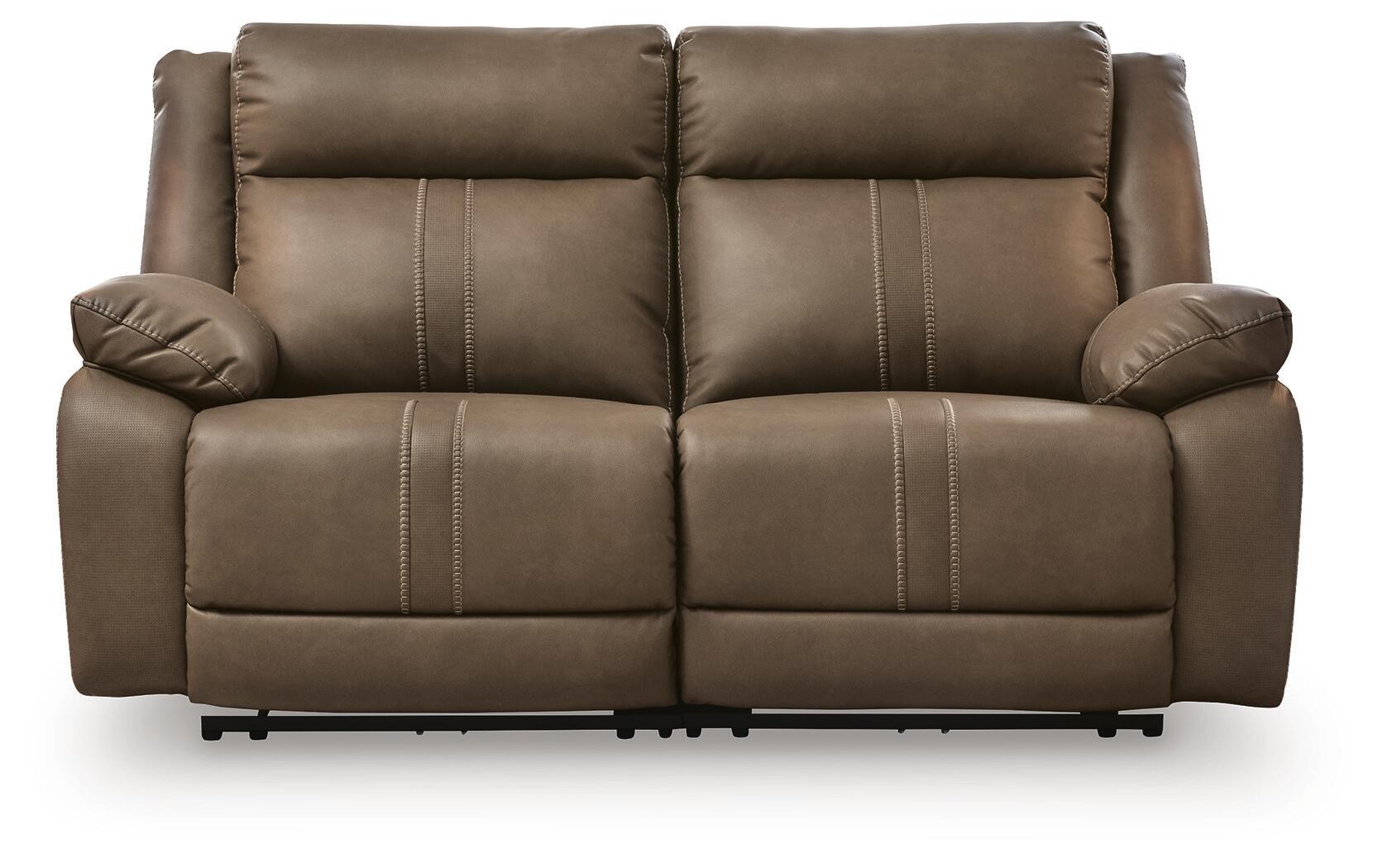 Taupe-brown power reclining loveseat with split back cushions and rolled arm pads