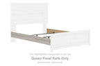 Gray wooden queen panel rail set with visible slats