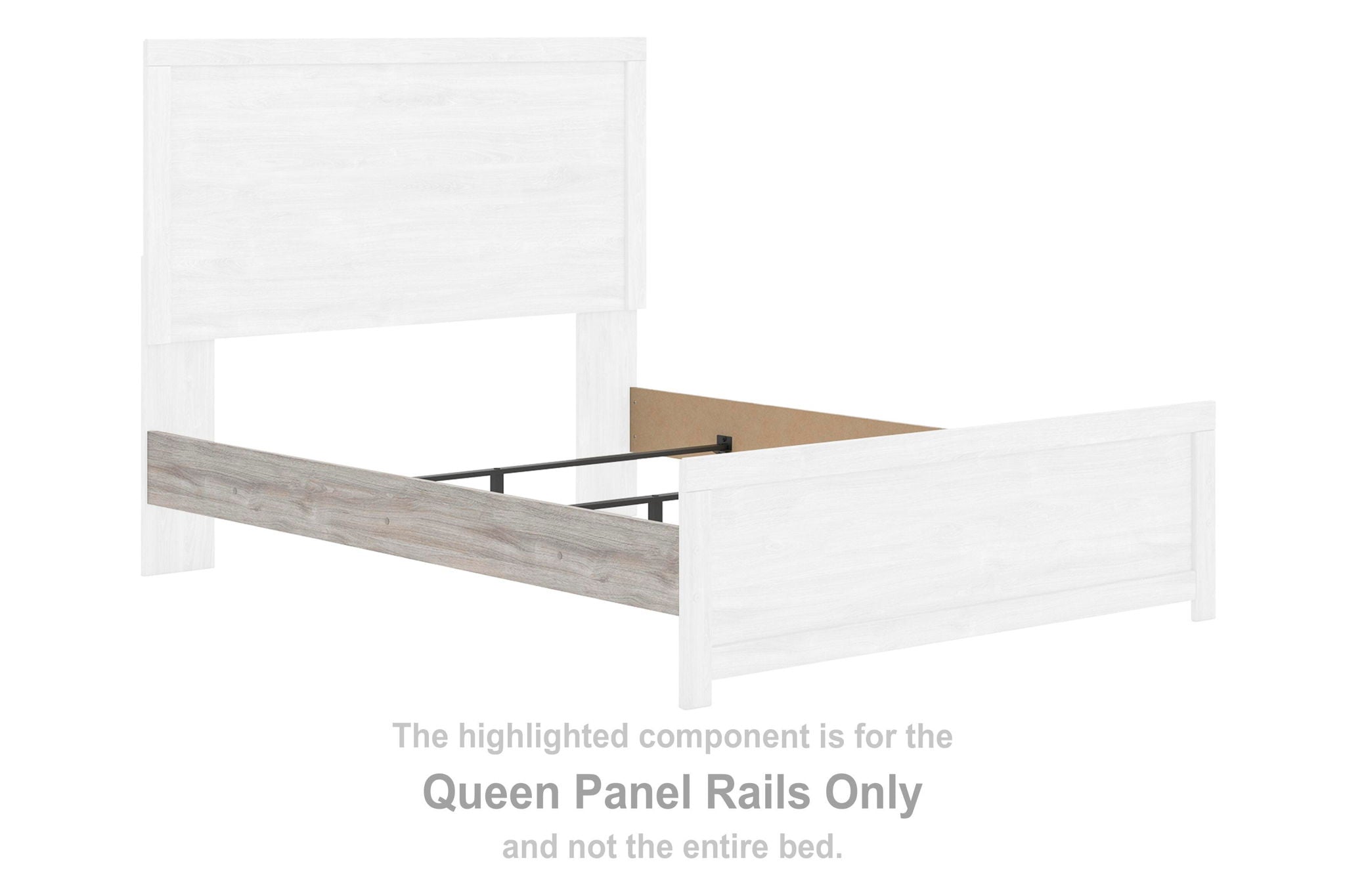 Gray wooden queen panel rail set with visible slats