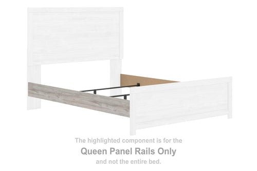 Gray wooden queen panel rail set with visible slats