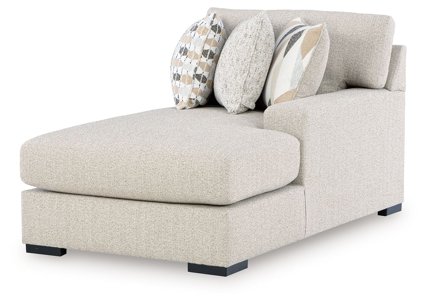 Upholstered pebble right-arm corner chaise with patterned and solid pillows