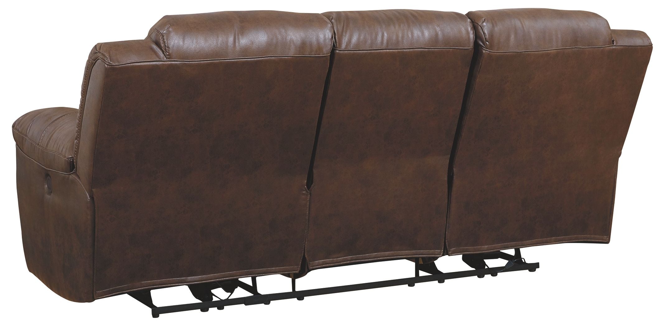 Chocolate-brown power reclining sofa with three back panels and padded side arms.
