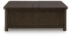 Dark brown wood lift-top coffee table with hinged top panels and exposed grain