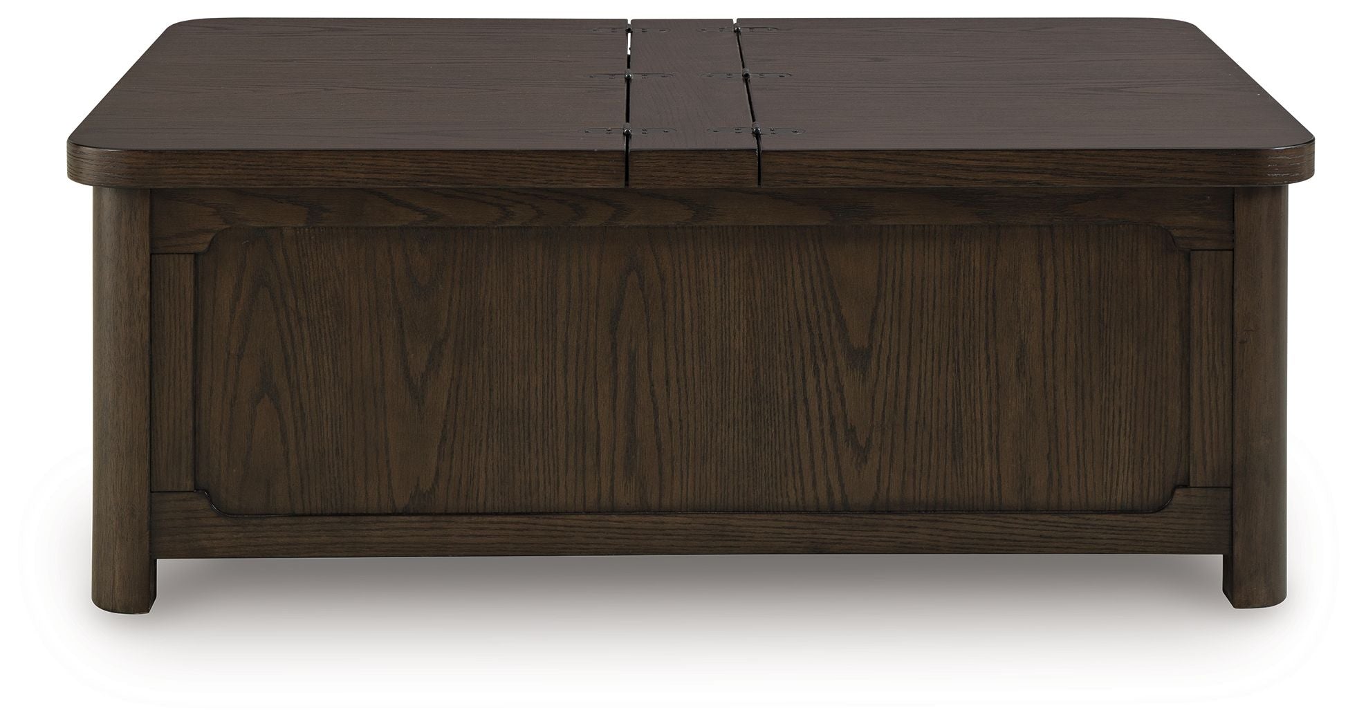 Dark brown wood lift-top coffee table with hinged top panels and exposed grain