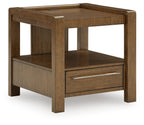 Brown square end table with open shelf and bottom drawer, silver bar pull