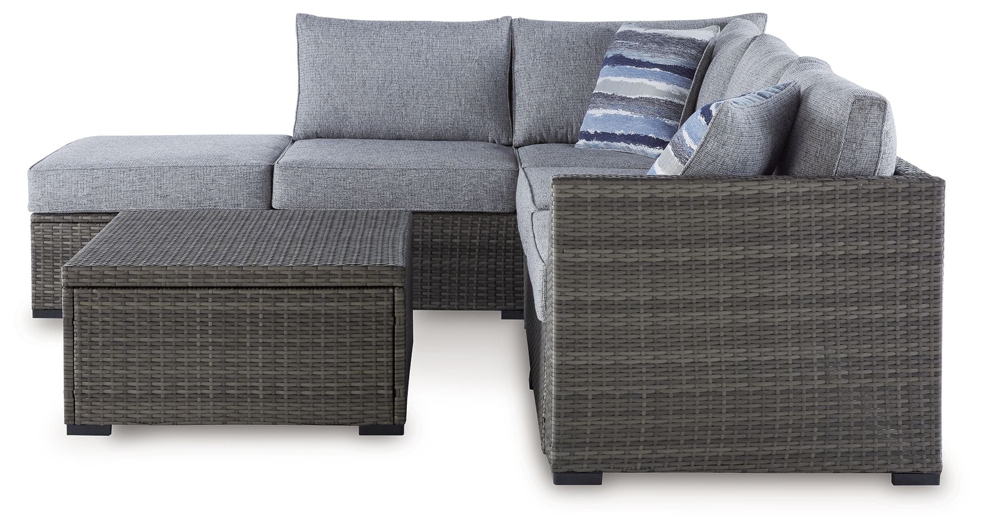 Gray sectional loveseat with ottoman side and matching square coffee table