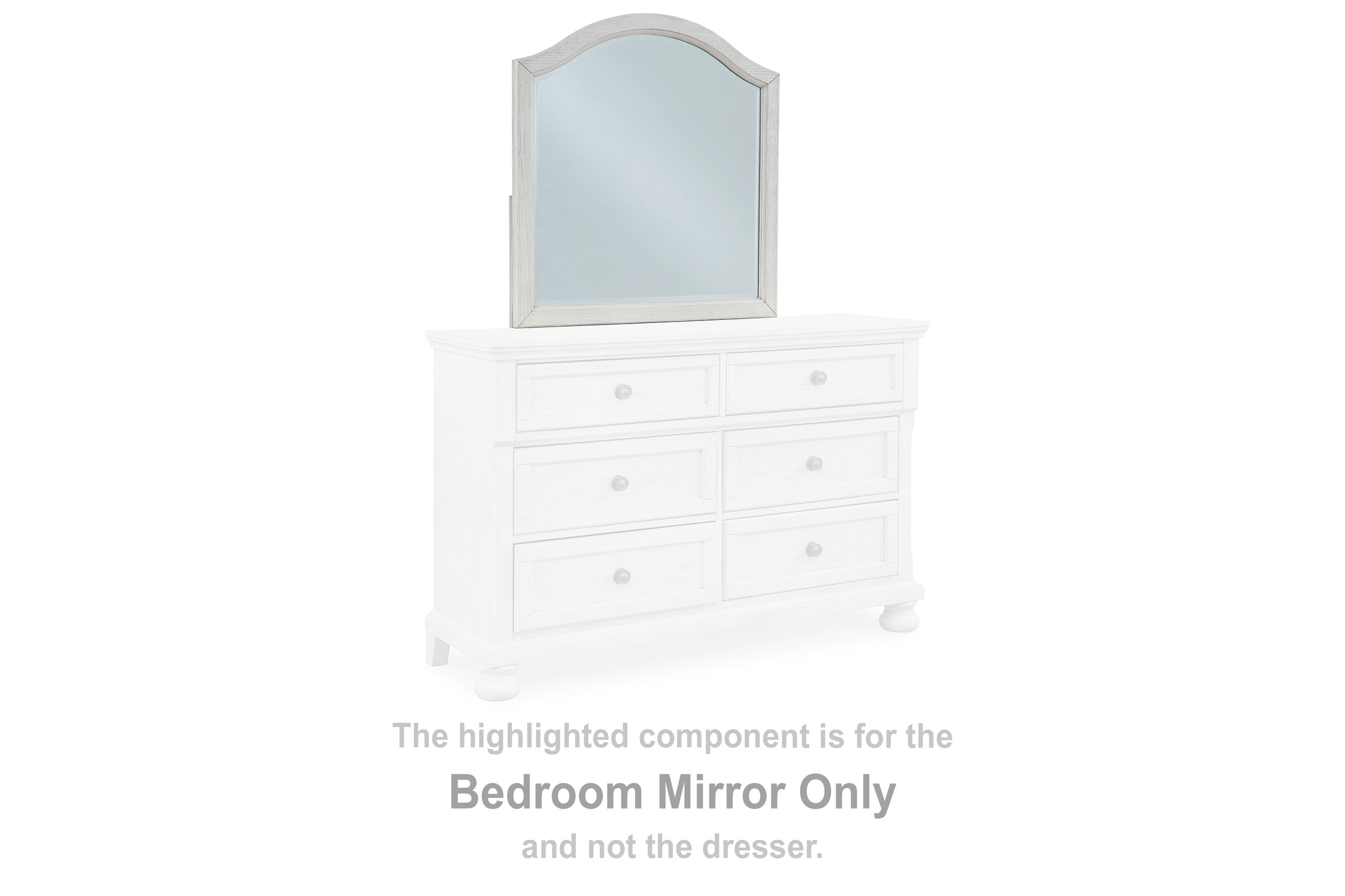 Arched youth bedroom mirror with antique white frame, shown mounted