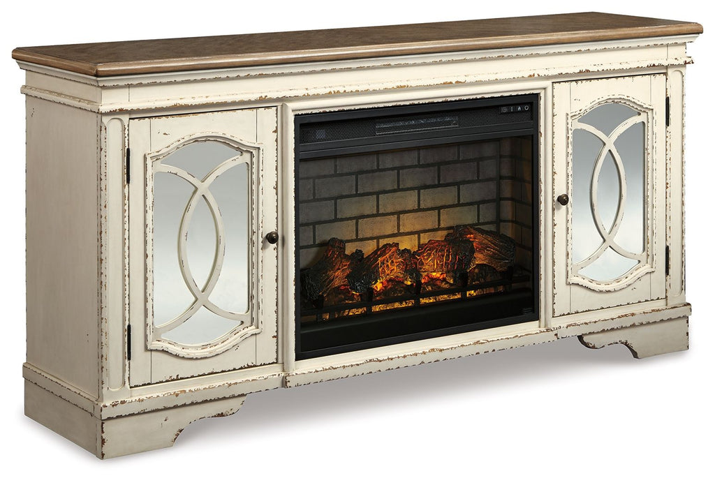 Chipped white TV stand with electric fireplace insert and arched glass doors