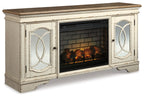 Chipped white TV stand with electric fireplace insert and arched glass doors