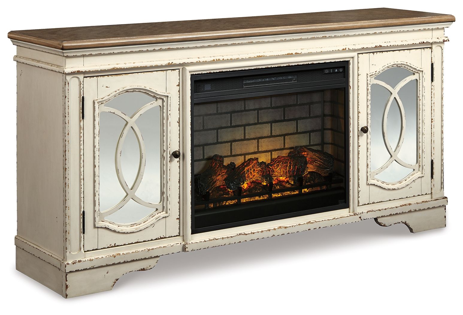 Chipped white TV stand with electric fireplace insert and arched glass doors