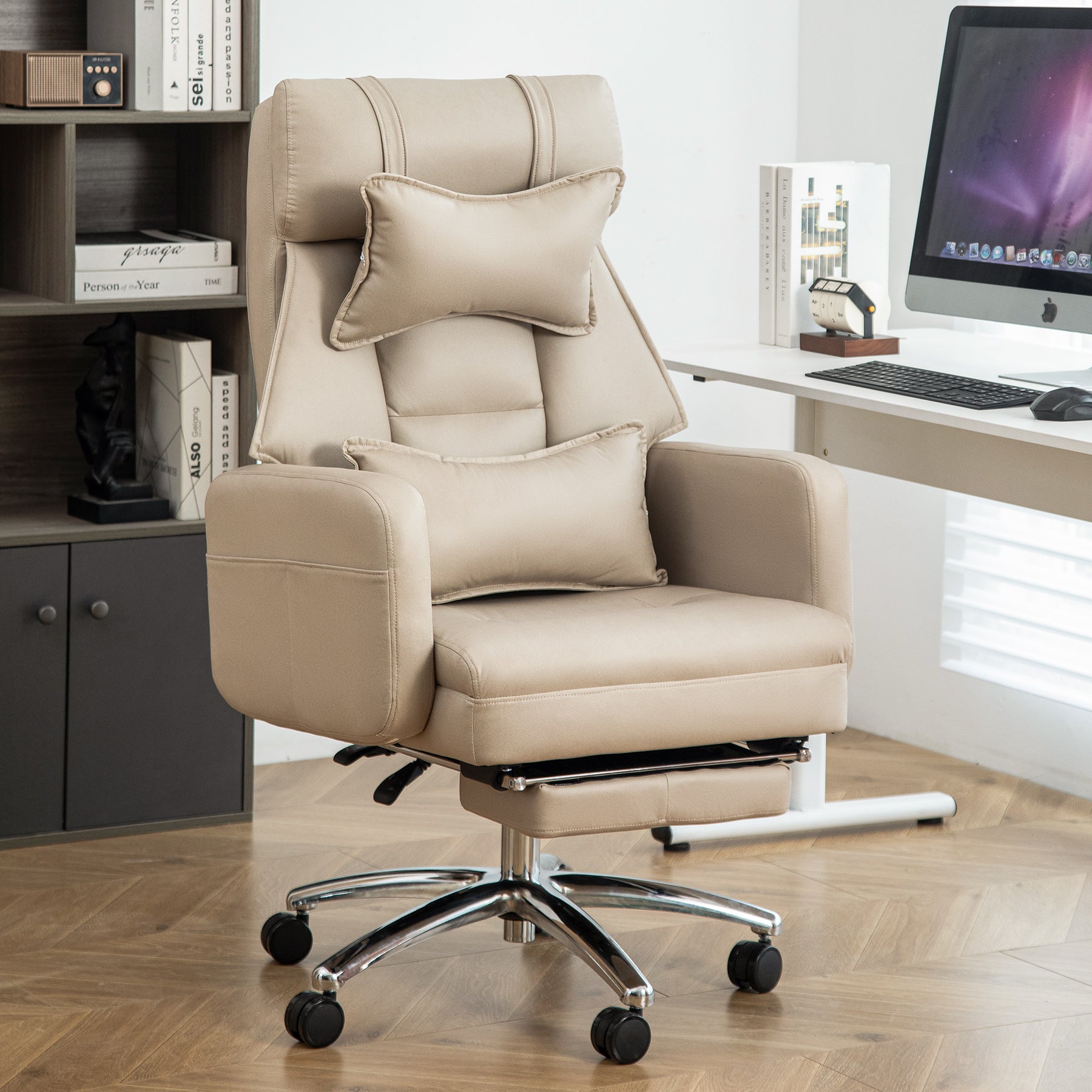 Ergonomic Office Chair w/ Lumbar Support, 155° Recline-Beige