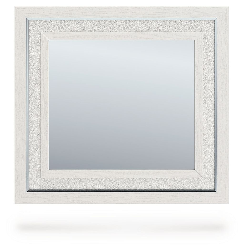 Bedroom mirror with light framed square reflective glass panel, centered.