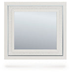 Bedroom mirror with light framed square reflective glass panel, centered.