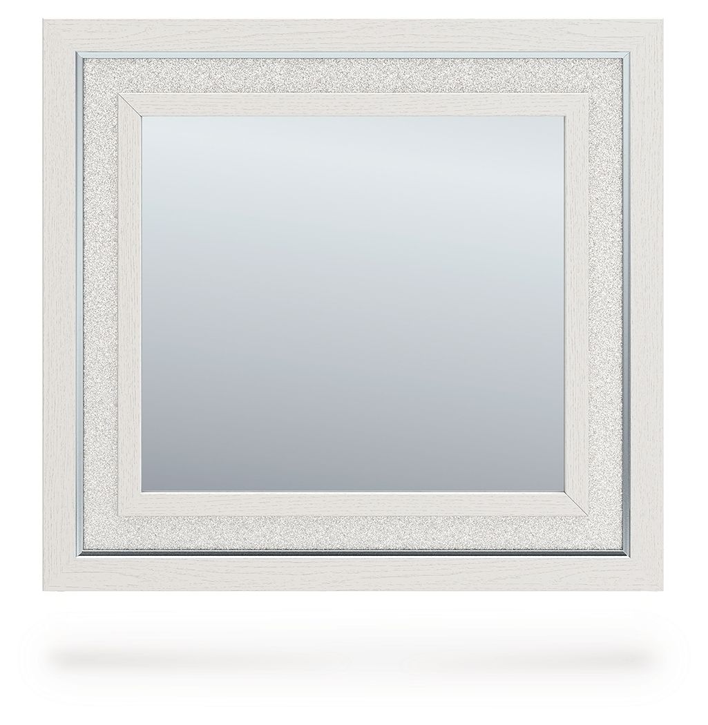 Bedroom mirror with light framed square reflective glass panel, centered.