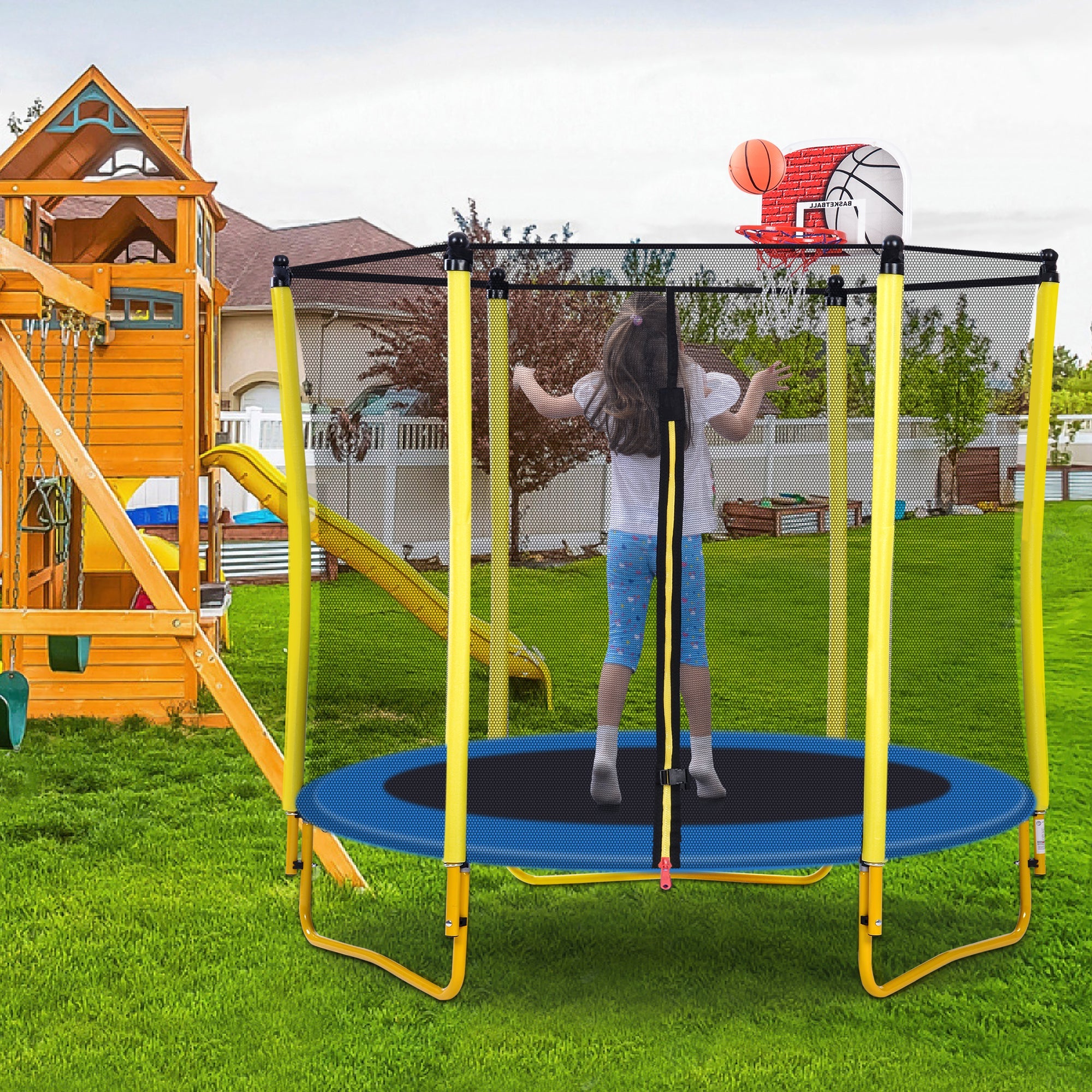 5.5FT Kids Trampoline with Enclosure & Hoop-American Furniture Outlet
