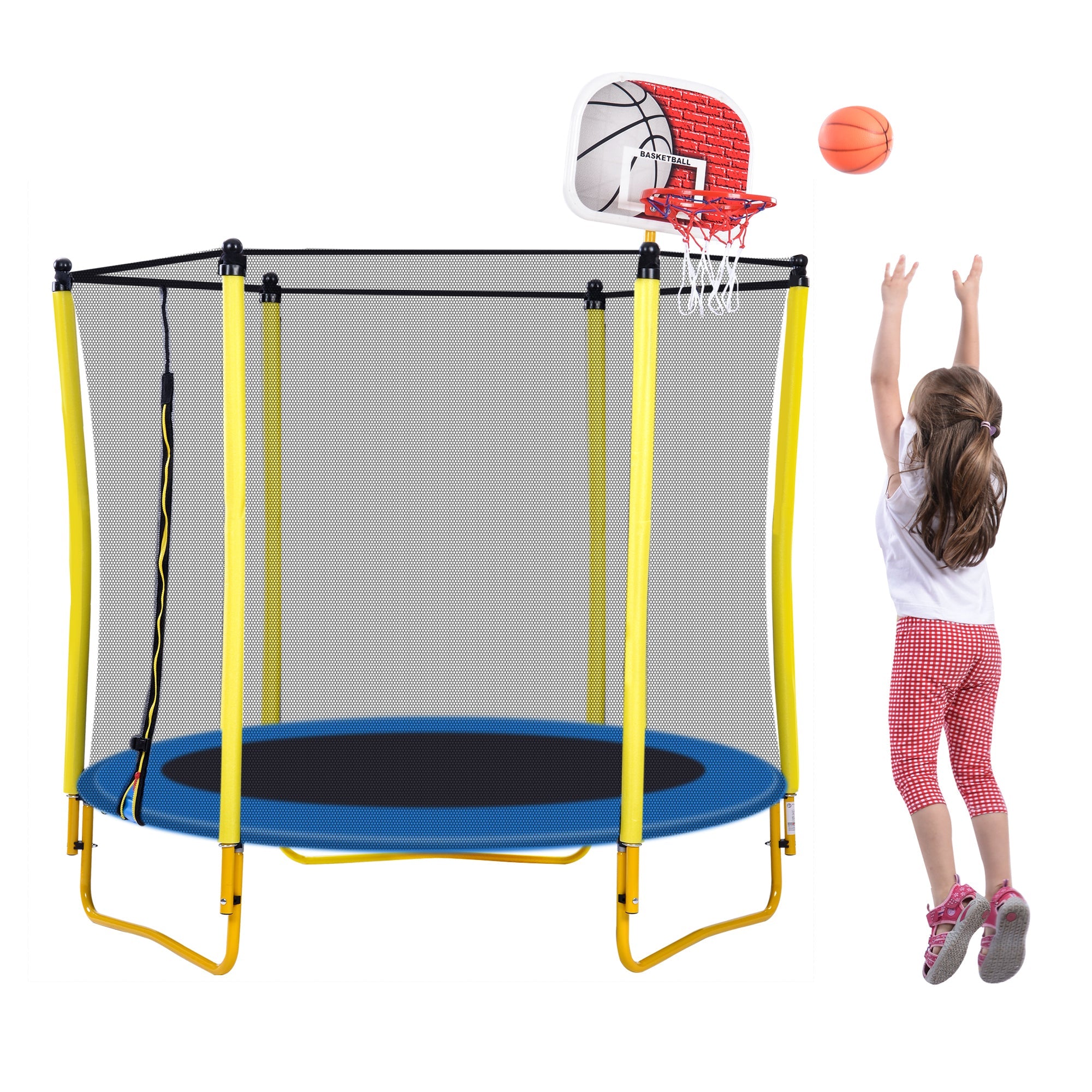 5.5FT Kids Trampoline with Enclosure & Hoop-American Furniture Outlet