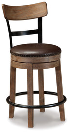 Swivel barstool with light brown wood frame, dark brown round seat, and black swivel base