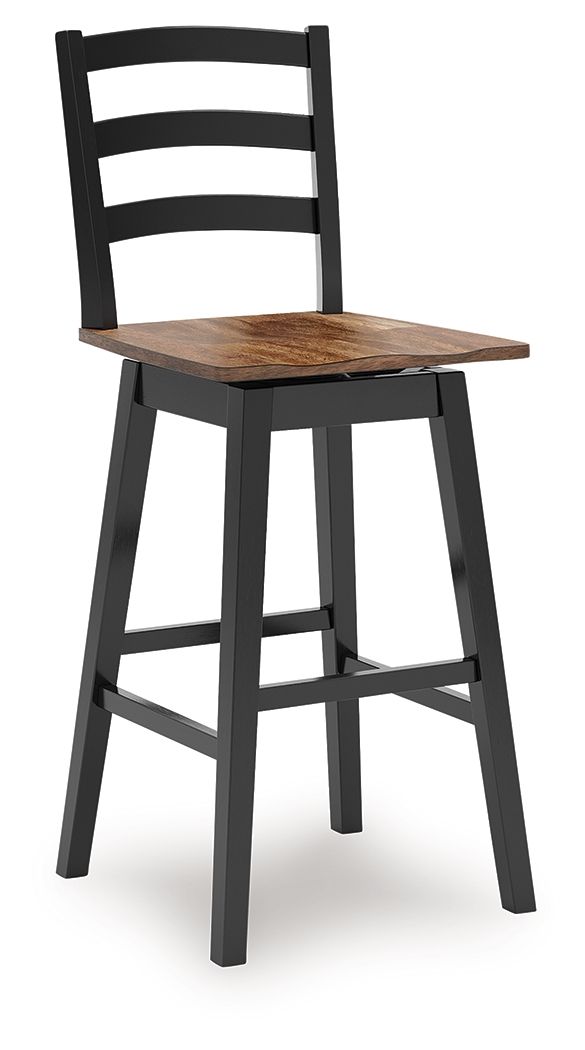 Black swivel stool with slatted back and warm wood round seat