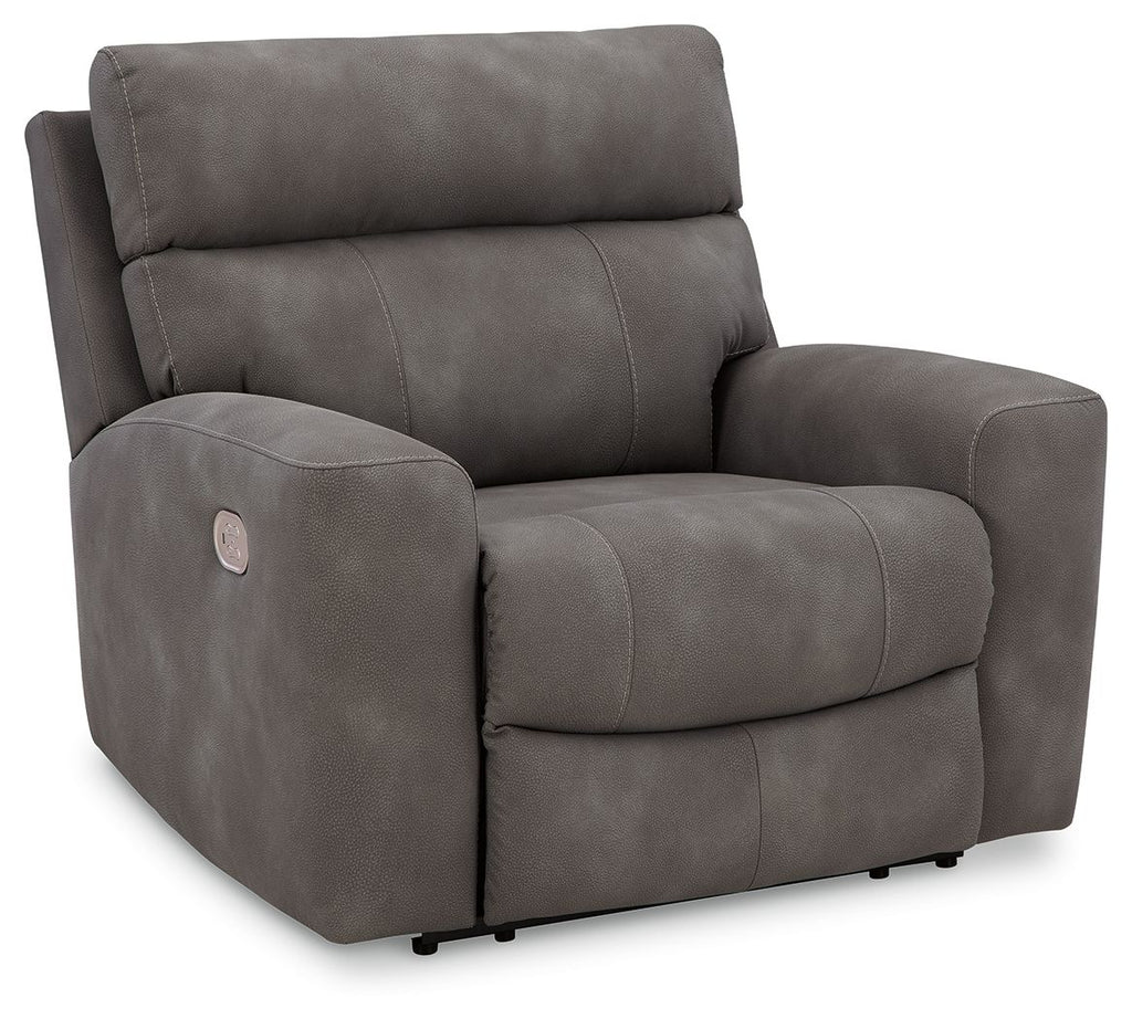 Slate gray recliner with adjustable headrest, front three-quarter view