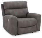 Slate gray recliner with adjustable headrest, front three-quarter view
