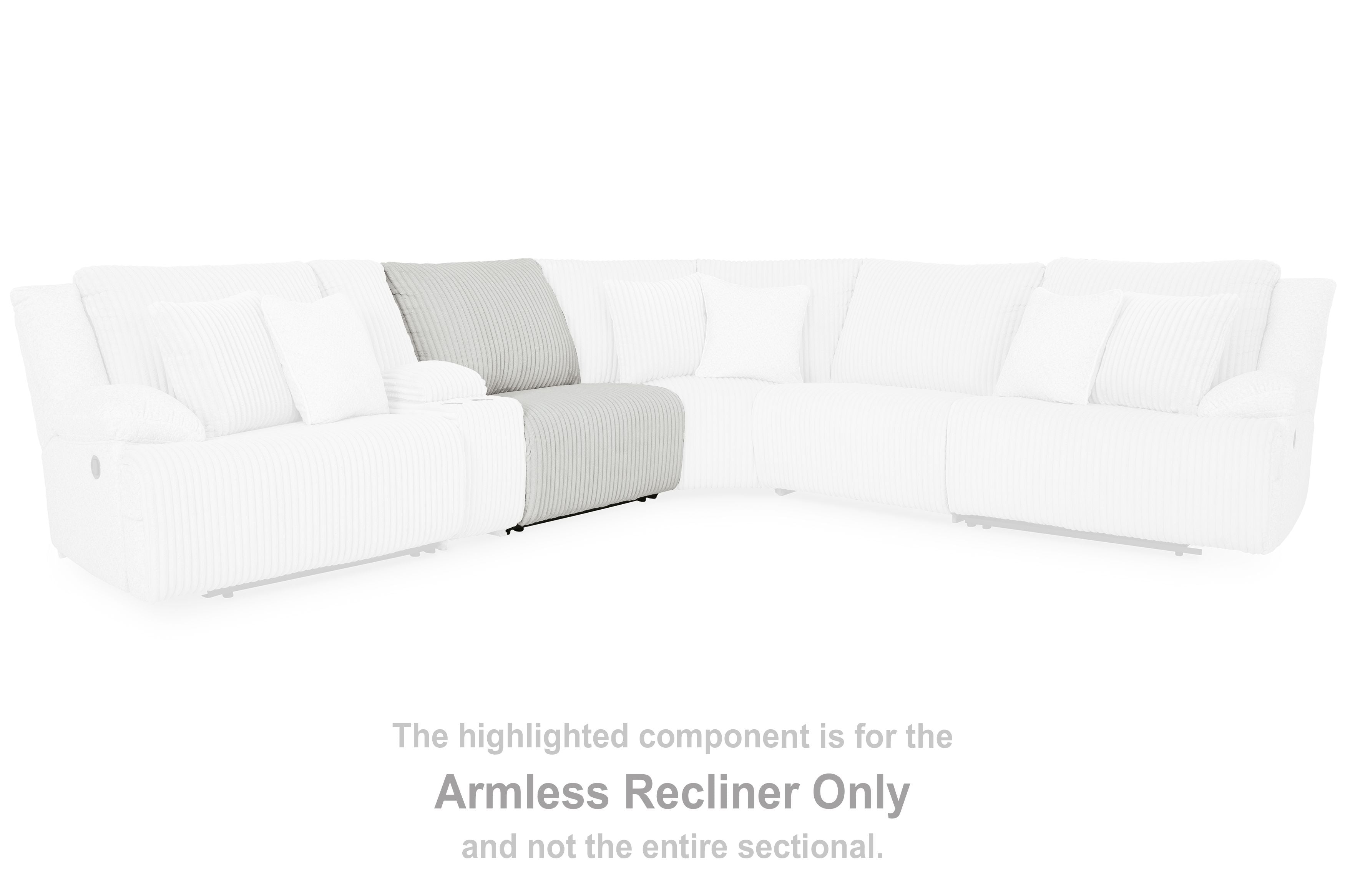 Light gray armless recliner section piece with smooth cushions in an L-shaped sofa