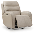 Power recliner swivel glider chair in light beige, side view with open recline position