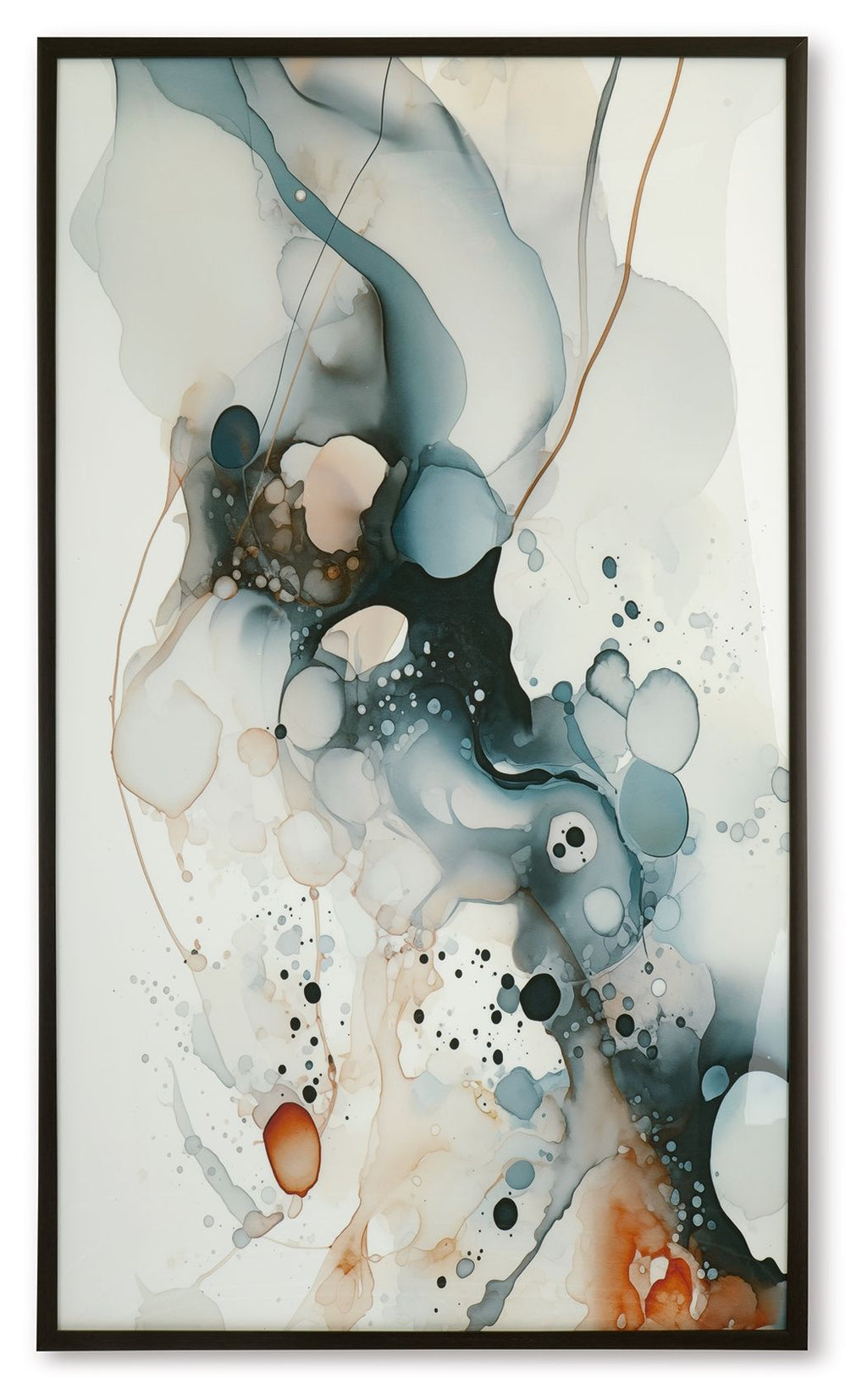 Framed abstract blue, amber and white wall art with ink splatters.