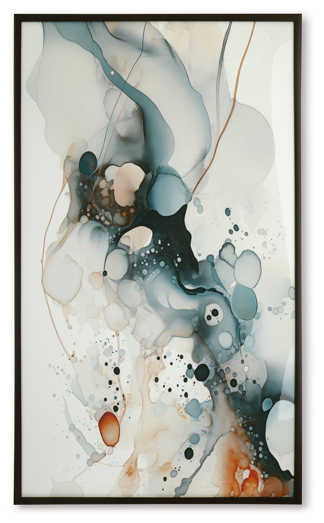Framed abstract blue, amber and white wall art with ink splatters.