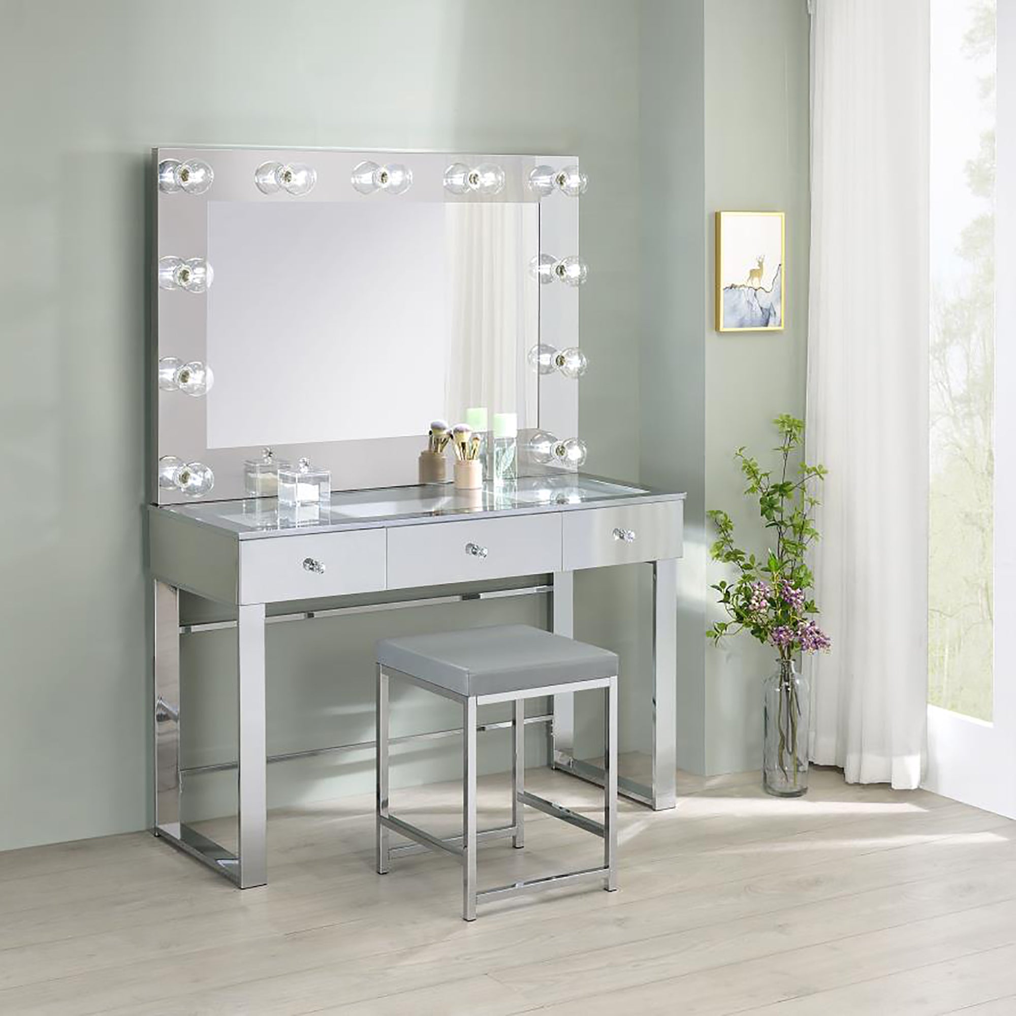 Light Grey Vanity Stool - Square Makeup Chair