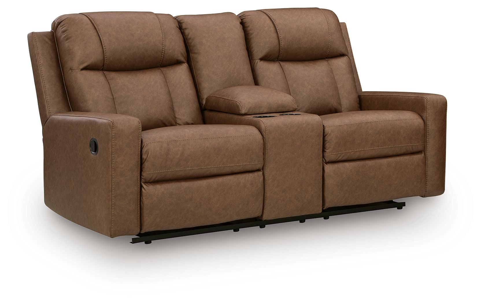 Light brown double reclining loveseat with center console and wide padded arms