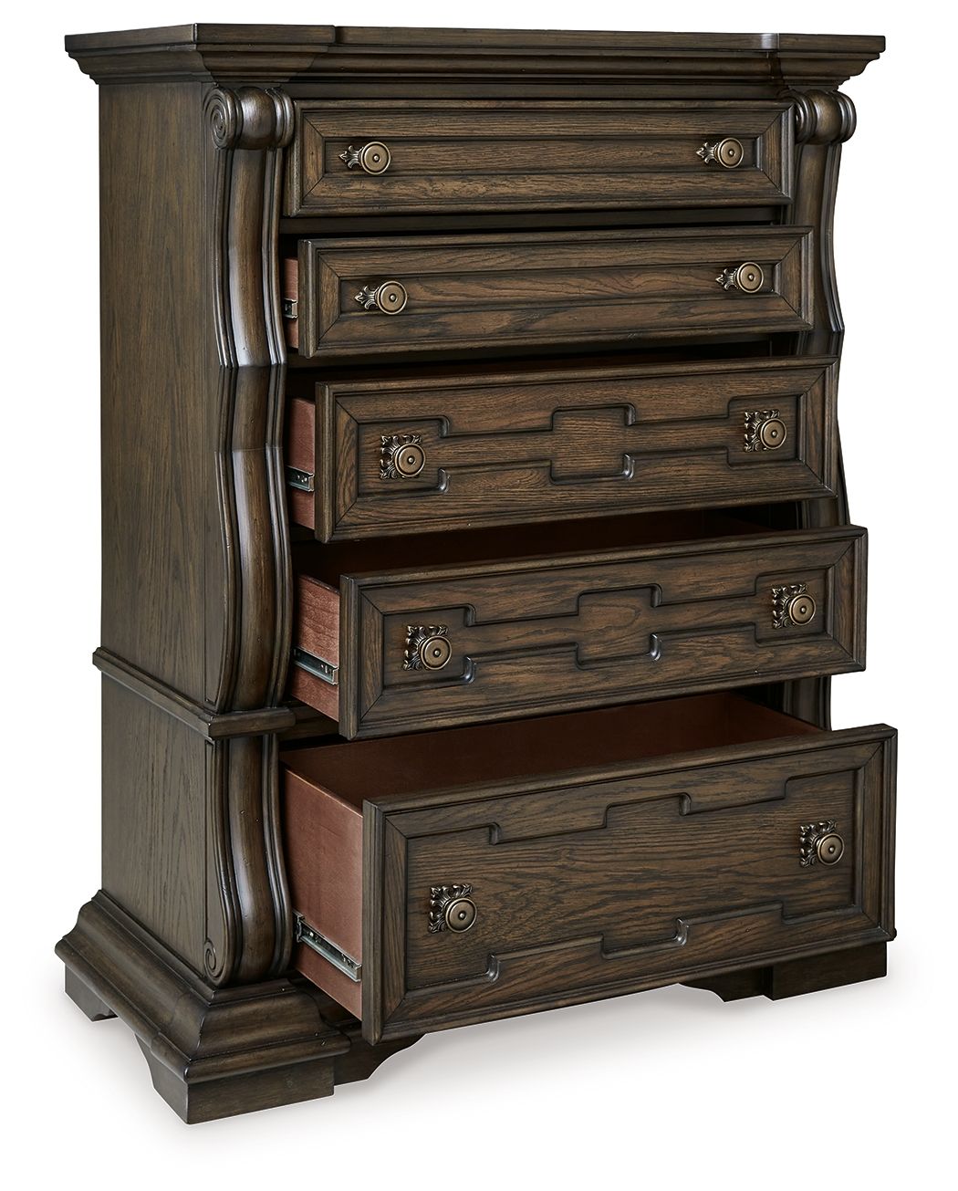 Dark brown five-drawer chest with partially open drawers and brass-tone pulls