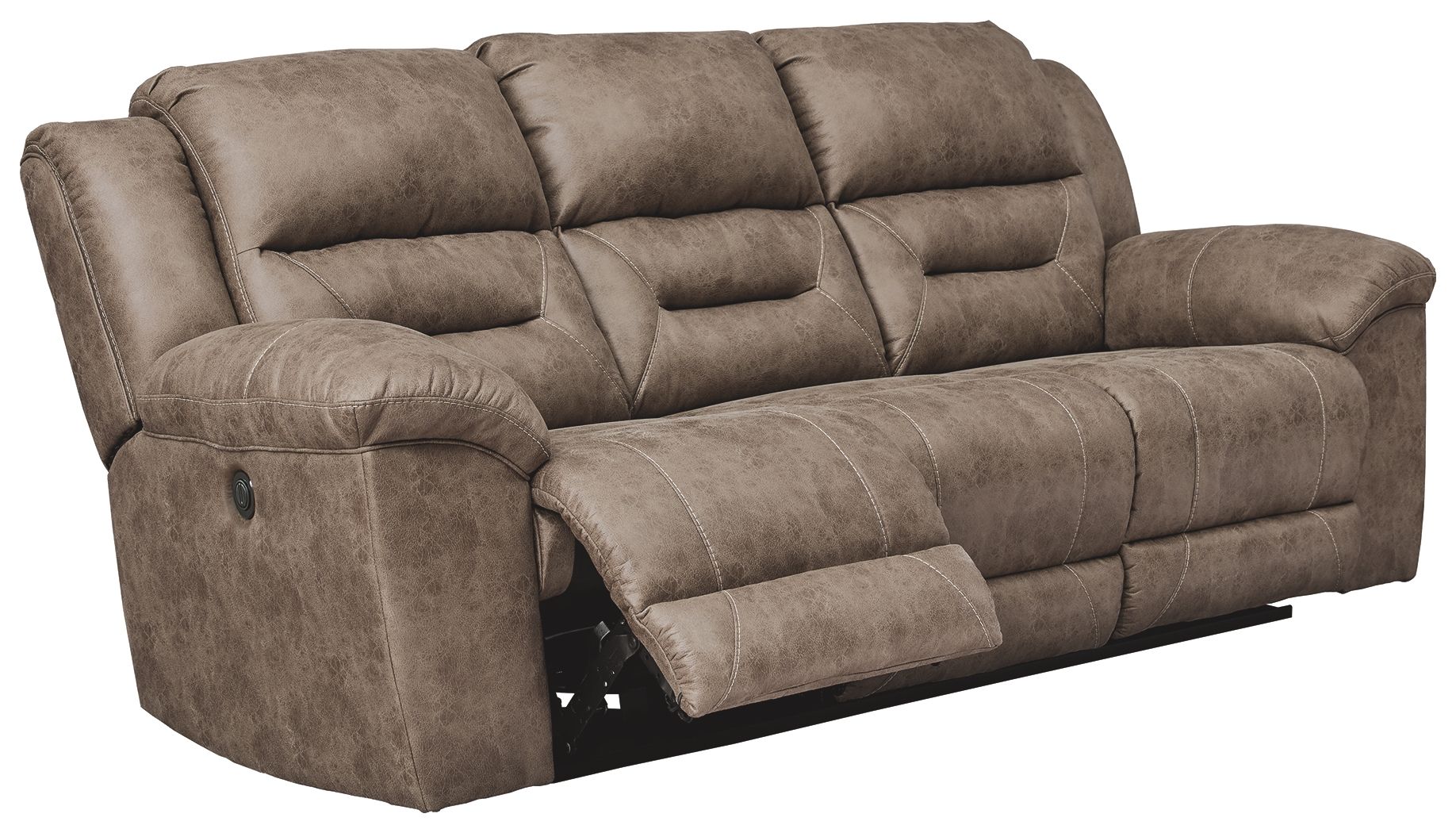 Taupe-gray power reclining sofa with reclining chaise footrest and padded arms.