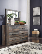 Storage dresser with mirror, dark gray distressed finish, six drawers and metal bar pulls