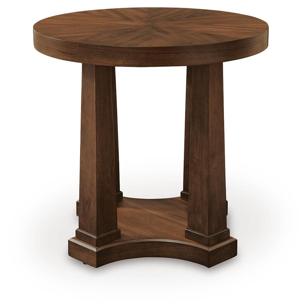 Round wooden end table with light brown finish, sturdy pedestal base and round top