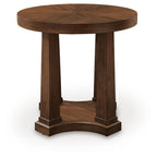 Round wooden end table with light brown finish, sturdy pedestal base and round top