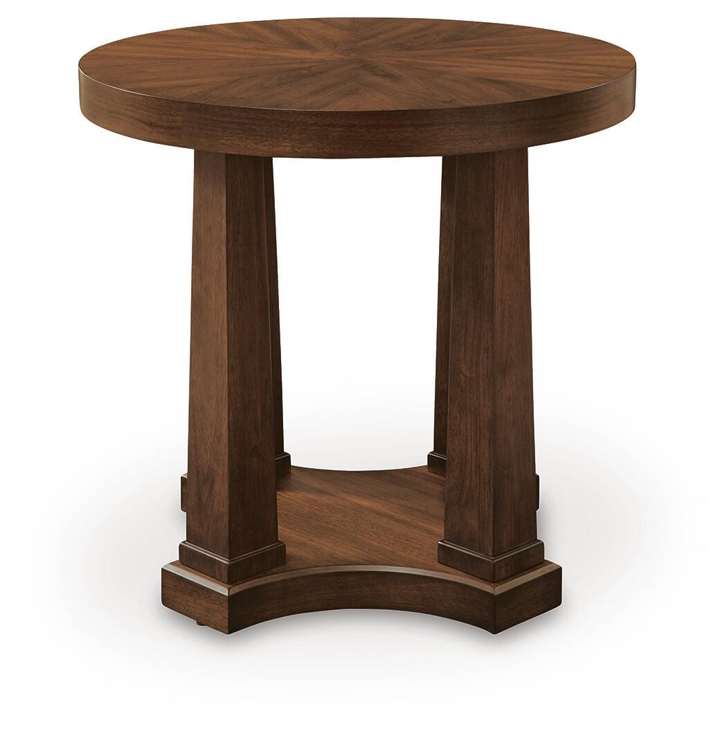 Round wooden end table with light brown finish, sturdy pedestal base and round top