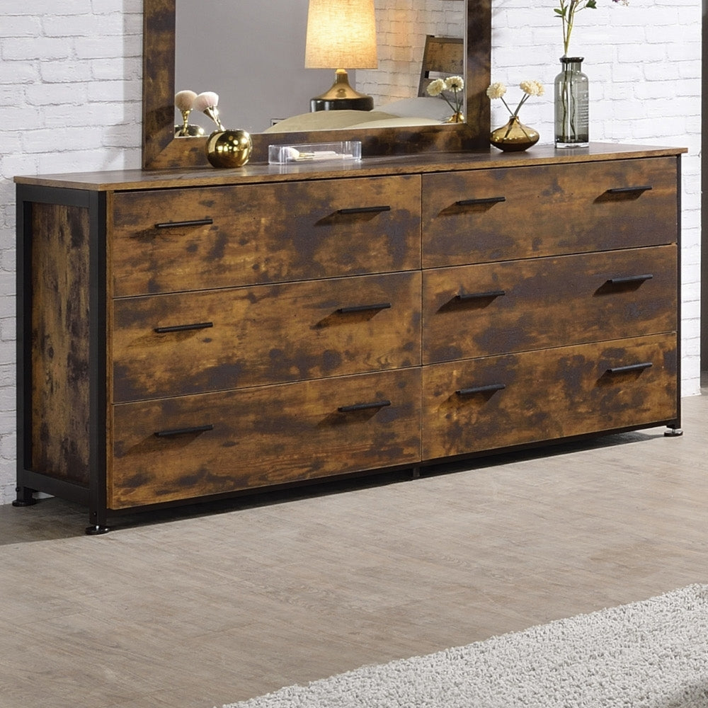 Rustic Oak & Black 6-Drawer Dresser - Stylish Bedroom Storage