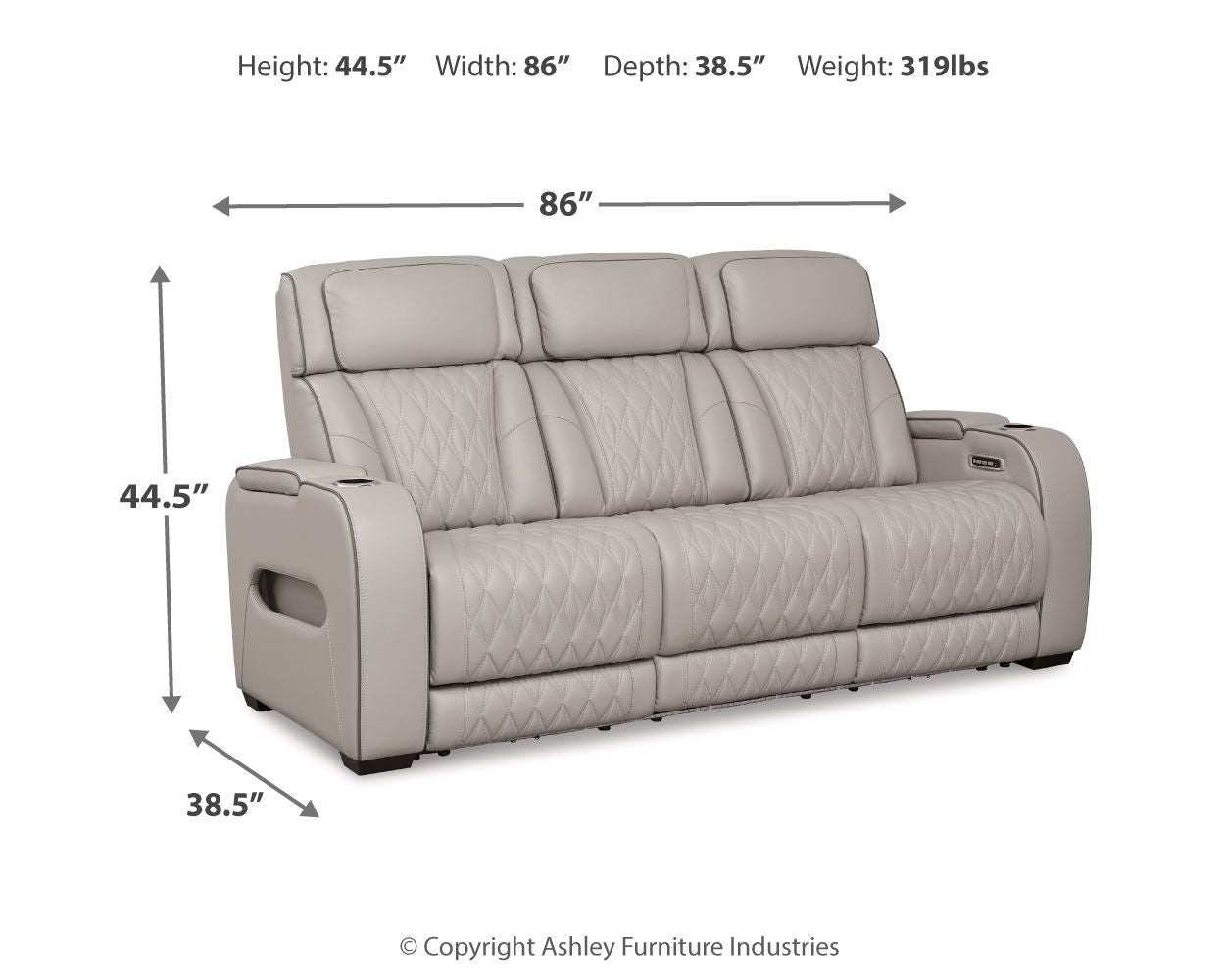 Gray power reclining sofa with adjustable headrests, 86" width and 38.5" depth